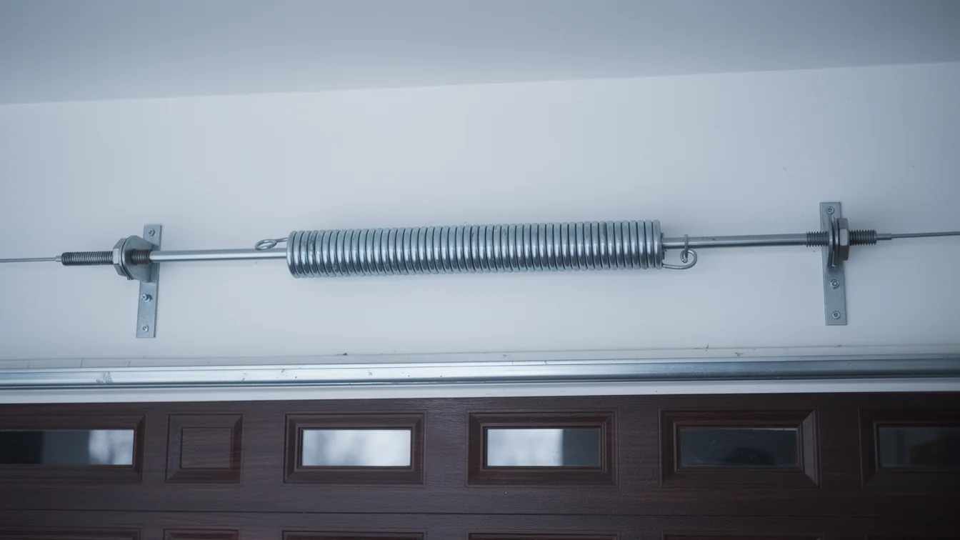 A garage door extension spring is mounted above a brown garage door.