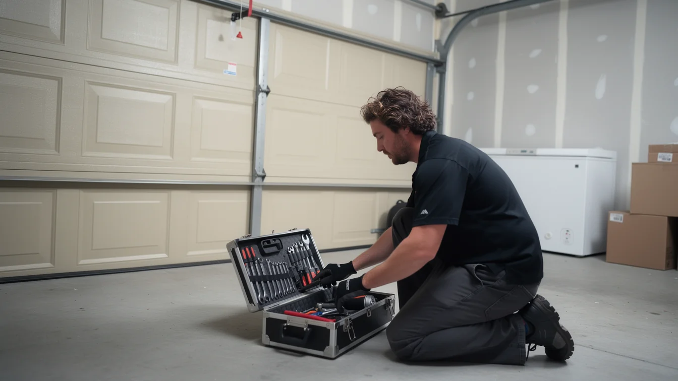 A technician kneels in a garage, reaching into an open toolbox.