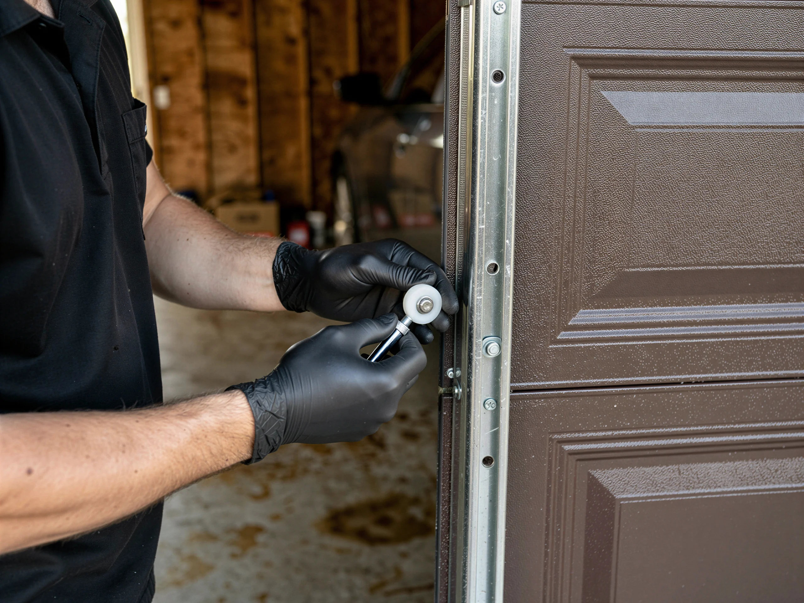 A technician in black gloves replaces a roller on a brown garage door.