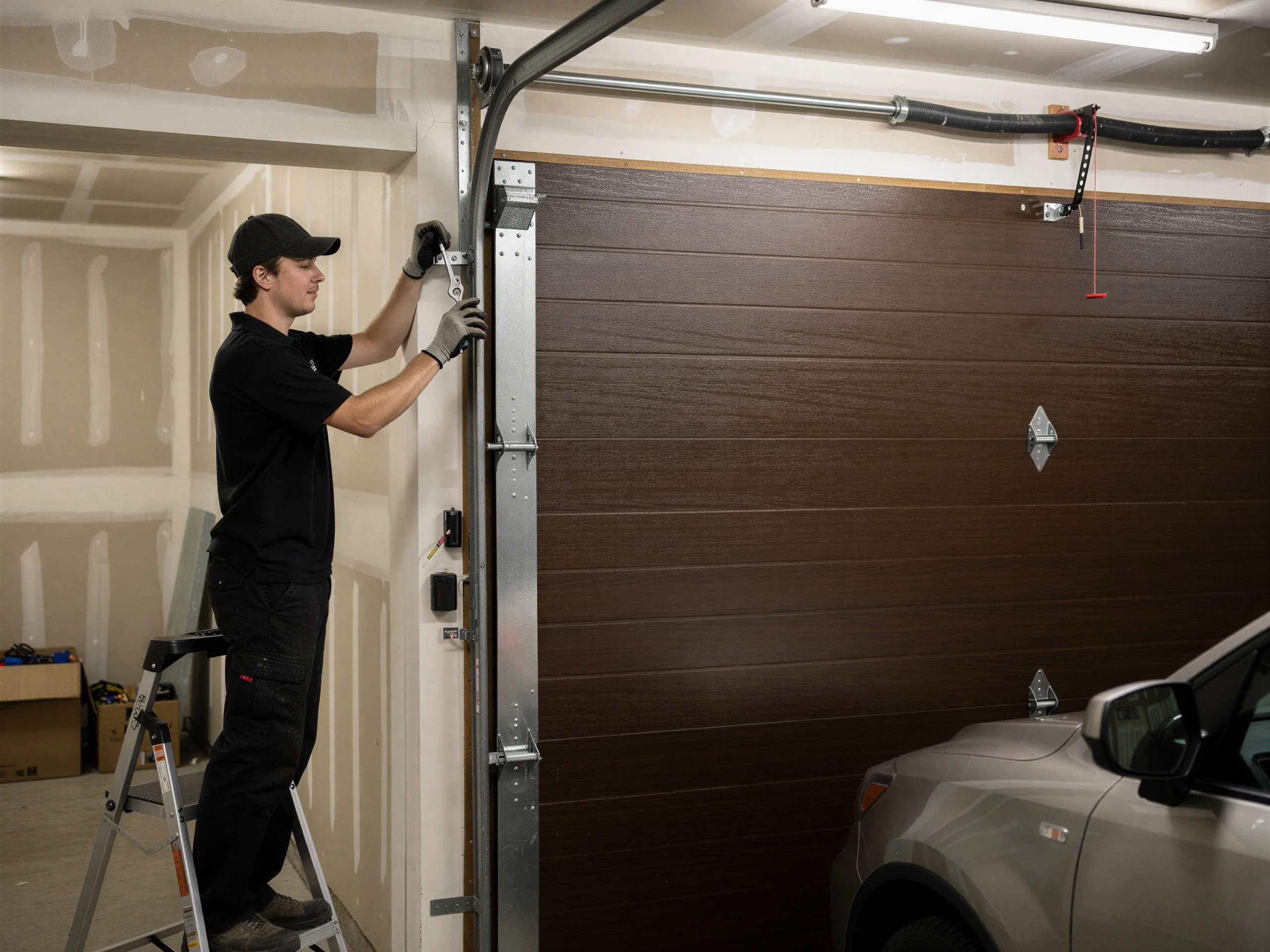 A technician on a ladder adjusts the garage door track next to a brown garage door.